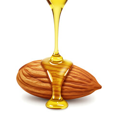 Golden almond oil pouring over a single almond nut, isolated on a white background. Represents beauty, skincare, and healthy ingredients.

