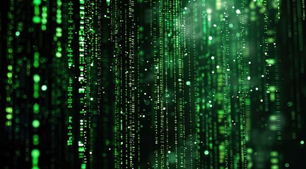 Green, cascading digital rain effect featuring sparkling, luminous lines and bokeh particles