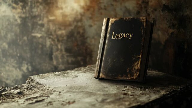 Old dusty book titled "Legacy" sits on rustic wooden surface