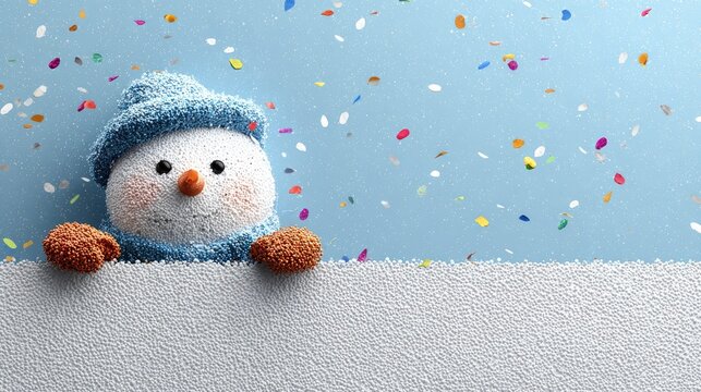 Cheerful snowman peeking over a snowy border.