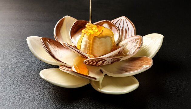 creative dessert presentation with creamy layers and drizzling honey on a flower