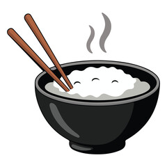 Rice bowl set with chopsticks and spoon cartoon food isolated vector illustration on white background