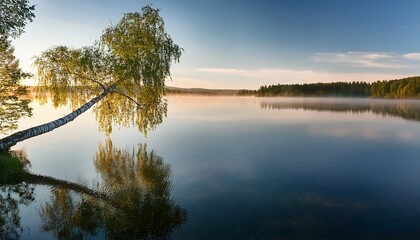 Obraz premium leaning birch tree over calm lake water