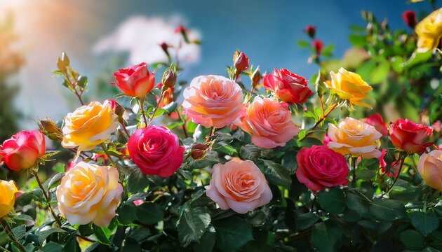 delicate roses showcased in shades of pink red and yellow are arranged beautifully among lush green foliage under the warm sun of a bright day generative ai