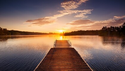 Fototapeta premium glowing lake at sunrise with vibrant golden sky and dock