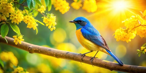 Naklejka premium Vibrant blue and gold bird perched on a branch amidst a radiant display of yellow blossoms bathed in warm sunlight, a picturesque scene of springtime beauty