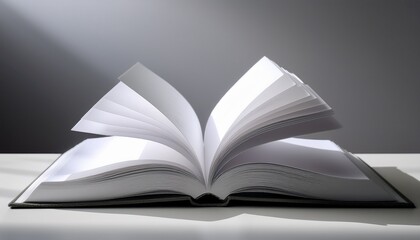 open book with blank white pages spread out against light background creating minimalist composition with subtle shadows and curves of paper sheets