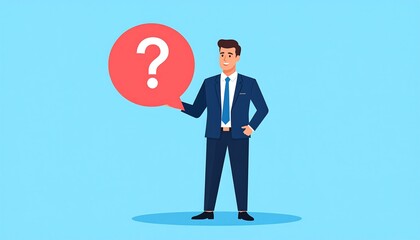 Businessman holding question mark, blue background