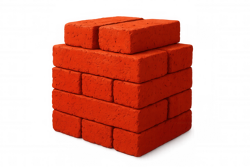 Red brick stack creating partial wall section, transparent backdrop highlighting construction material against clean background