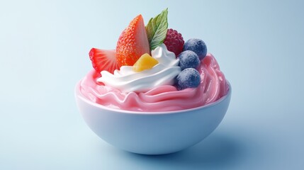 Pink yogurt parfait with fresh berries and whipped cream in a bowl.