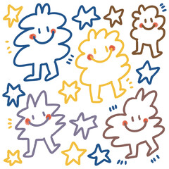 Cute Hand Drawn Stars and Animal Doodle Characters Vector