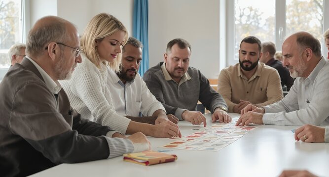 People collaborating around a table, examining a game, brainstorming or problem solving.
