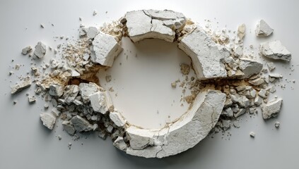 A circular, light beige object, shattered into fragments, creating a void in the center