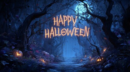 Happy halloween text in a spooky forest with pumpkins and a full moon in the background scene halloween art