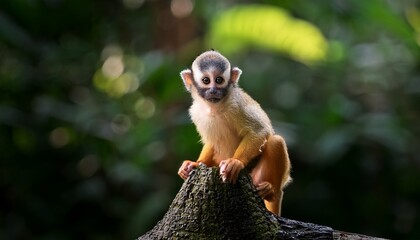 Obraz premium small primate perched on a tree stump in the rainforest