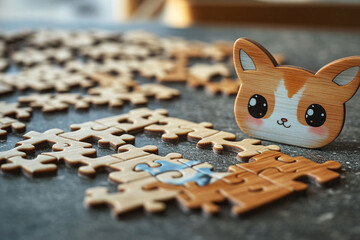 Cute Wooden Animal Puzzle Pieces on Table Close Up