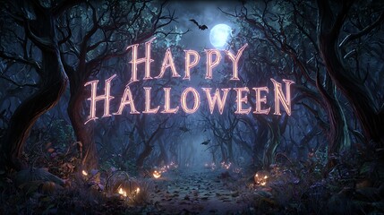 Happy halloween text over a dark forest path with pumpkins and bats under a full moon halloween art