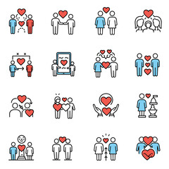 Friendship and Love Vector Line Icons Set. Relationship, Mutual Understanding, Mutual Assistance, Interaction.