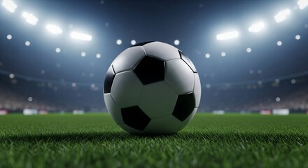 Naklejka premium Soccer Ball on Green Grass Under Stadium Lights
