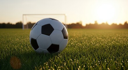 Fototapeta premium Soccer ball on green grass with goal post and sunset background