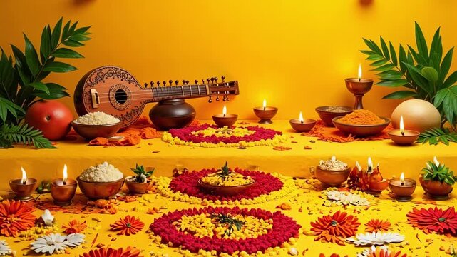 Still life of a veena with candles and flowers against a yellow background for vasant panchami