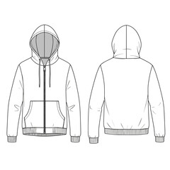 Hoodie front, back and side view design technical flat sketch vector mockup template. © Mahendra