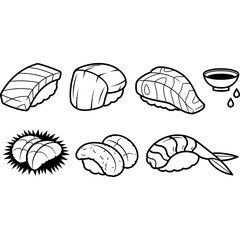 A diverse collection of Japanese nigiri sushi and sashimi presented as a black and white vector illustration set