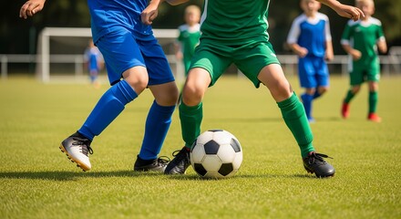 Soccer Players Competing for the Ball on a Green Field