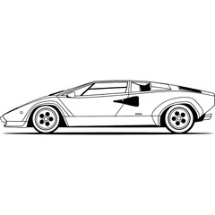 Side profile line art of a classic wedge-shaped Italian style supercar, a black and white vector illustration