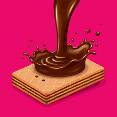 Wafer Biscuits with chocolate splashing in the middle on solid color background. Realistic vector in 3D illustration.
