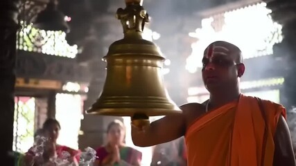 Priest ringing temple bell with India.