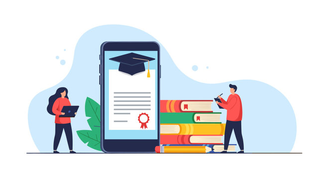 Online education concept with graduation cap on smartphone screen and students studying