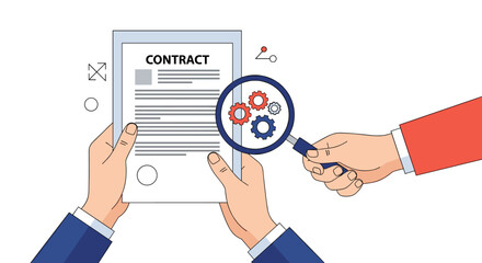 Fototapeta premium Reviewing contract details with magnifying glass, teamwork and agreement concept illustration