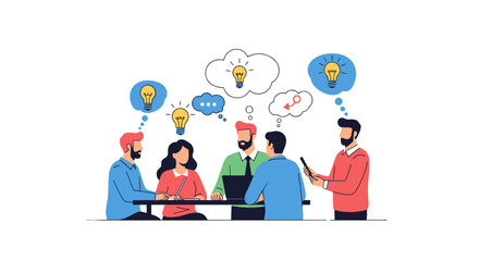 Team brainstorming session with lightbulb ideas, innovation, and modern business strategy