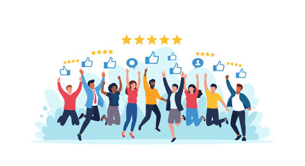 Excited diverse team celebrating success with thumbs up and star ratings, customer satisfaction