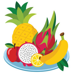 Fruit plate with pineapple dragon fruit apple mango lemon isolated vector illustration on white background