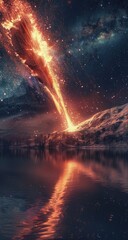 Dynamic digital art showing a fiery impact over a lake reflecting a mountainous landscape