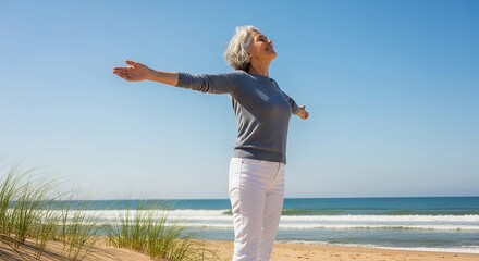 Woman embracing freedom at the beach, open arms toward the sun, enjoying a sunny day.