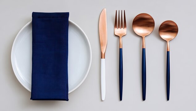 Elegant table setting with a navy blue napkin, white plate, and copper-toned cutlery