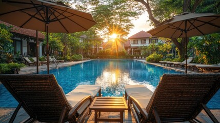 Fototapeta premium Tropical resort pool at sunset. Ideal for vacation