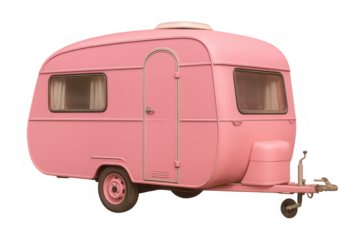 Retro pink camper trailer parked against transparent backdrop, representing wanderlust, mobility, and nostalgic journey