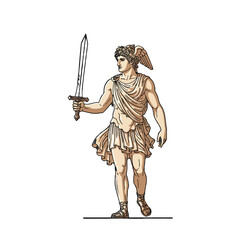 Obraz premium A classical statue of a winged warrior holding a sword and wearing a helmet.