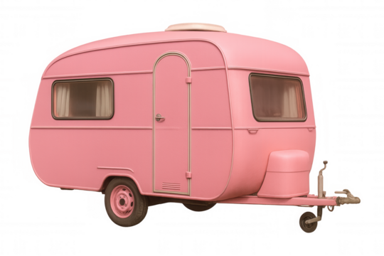 Retro pink camper trailer parked against transparent backdrop, representing wanderlust, mobility, and nostalgic journey