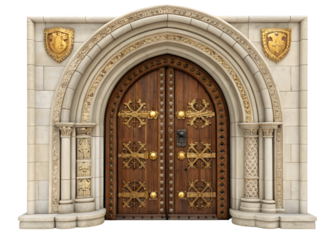 Intricate Carved Antique Arched Wooden Door with Golden Accents and Ornate Stone Archway Featuring Two Golden Heraldic Shields