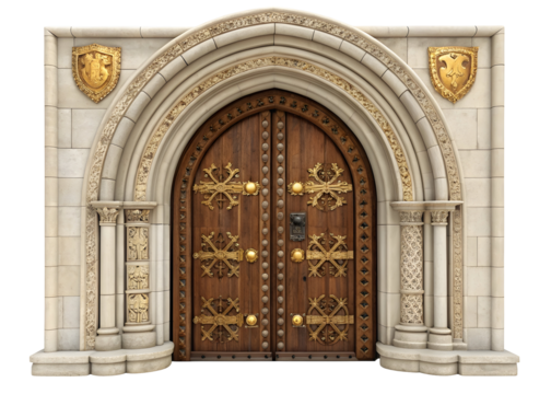 Intricate Carved Antique Arched Wooden Door with Golden Accents and Ornate Stone Archway Featuring Two Golden Heraldic Shields