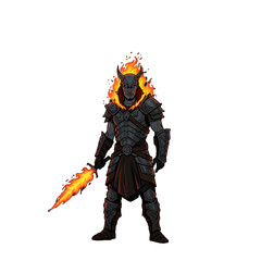Fototapeta premium Illustration of a demonic knight with a flaming sword and burning head.