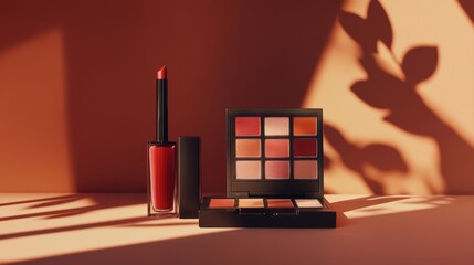 Makeup palette and lipstick with brush on a table and brown background