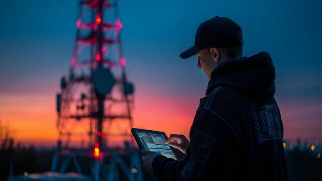 Engineer using tablet at communication tower at dusk, controlling technology, remote management