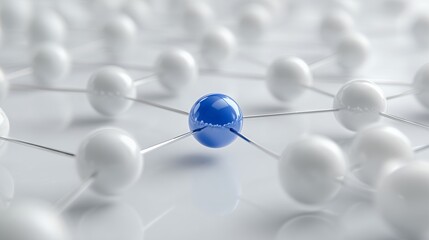 Abstract network of white spheres connected by lines with a single blue node, concept for social networking illustration, communication design, and business infrastructure visualization