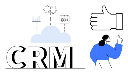 CRM text with icons for analytics, integration, and scheduling above cloud thumbs-up symbol person pointing upwards. Ideal for CRM, customer management, collaboration, workflow, productivity